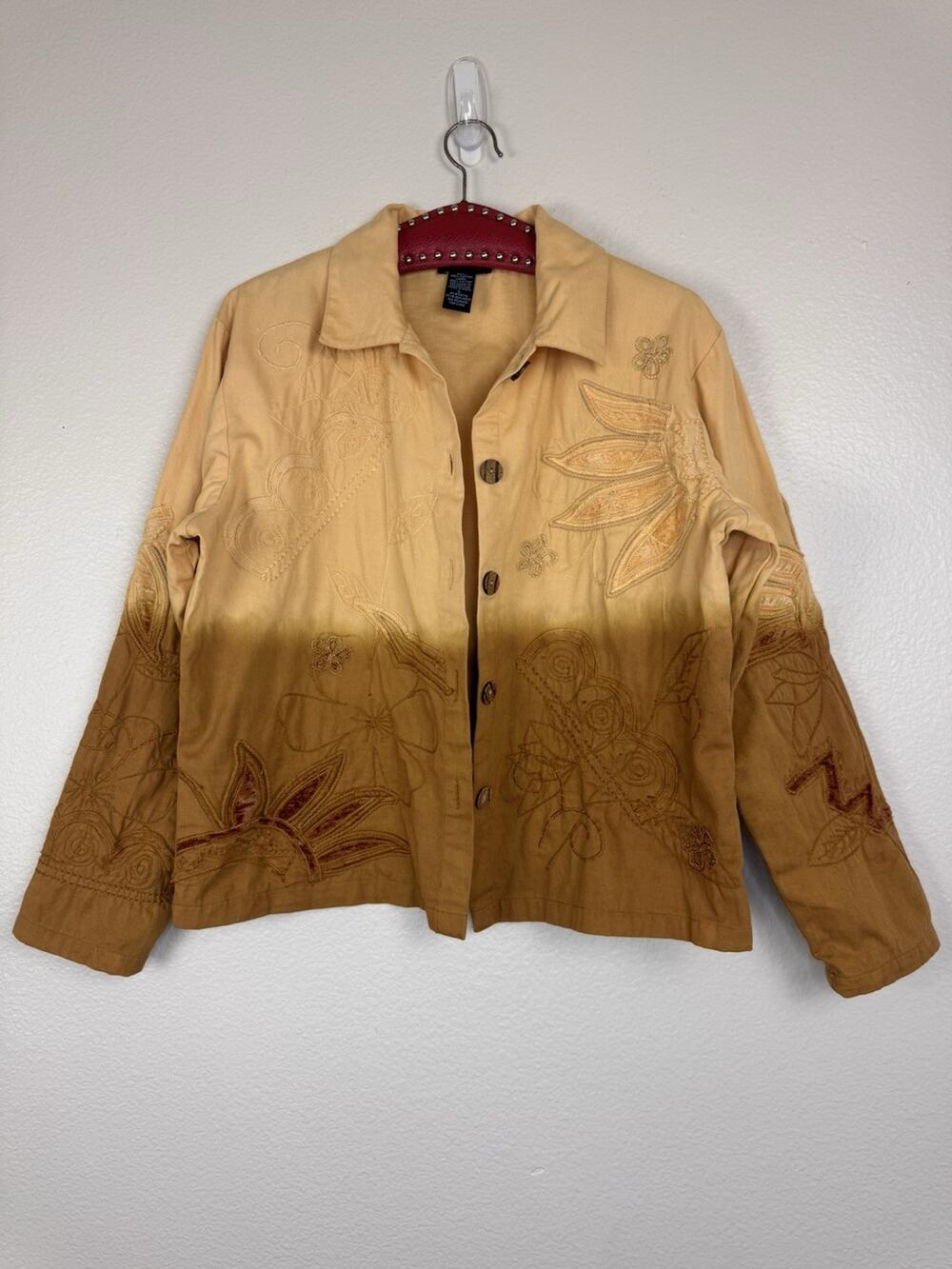 West End Floral Embroidered Dip Dye Cotton Jacket Boho Artsy Cottagecore Large